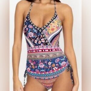 Johnny Was Navy and Pink Floral One Piece Swimsuit